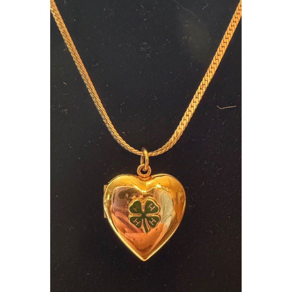 Vintage Gold Tone 4-H Club Heart Locket Necklace Green Clover Pendant Korea